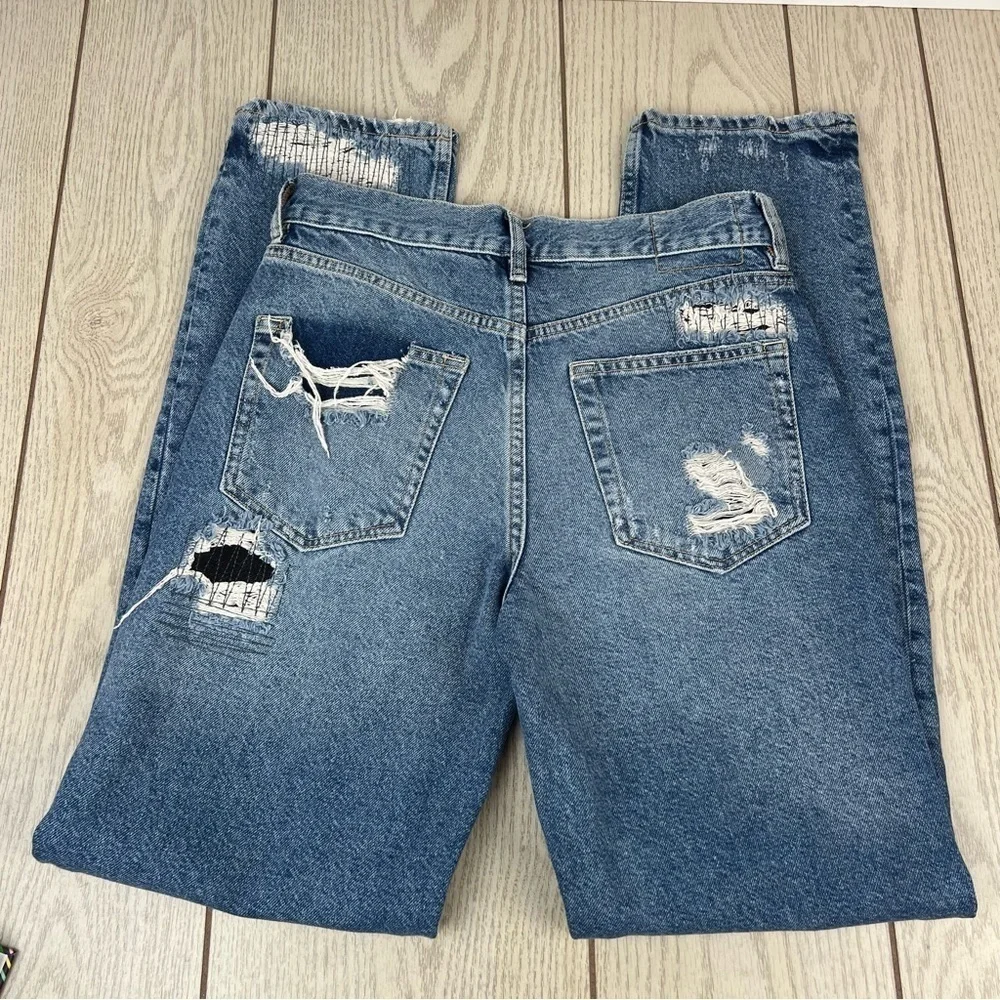 Free People McCoy Destroyed Patch Straight Leg Jeans 26 Tattered Blue $148